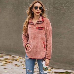 ECHOINE Dusty Pink Fleece Pullover Sweatshirt with Red Plaid Trim, Size L.